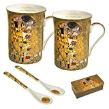 Queen Isabell Lot de 2 tasses à café en porcelaine avec cuillère Motif baiser de klimt 250 ml