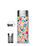 Qwetch - Théière Infusion Isotherme - Flora Rose 400ml - Bouteille infuseur Nomade Inox - 5h Chaud et 7h Froid ...