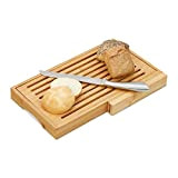 Relaxdays Planche à pain bambou, range-couteaux, couteau en inox, cuisine, planche à découper, HxlxP: 4x40x24 cm, nature