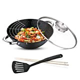 RENBERG Wok Wasabi | Poêle à wok avec revêtement en marbre et couvercle en verre | Fonctions et accessoires multiples ...
