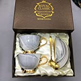 Service à thé en porcelaine avec tasse, sous-tasse et cuillère - avec garniture dorée - pour le thé et le ...