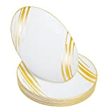 STACKABLES Lot de 20 assiettes en plastique rigide - 26,4 cm - Assiettes blanches avec motif doré - Légères, flexibles ...
