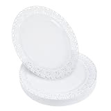 STACKABLES Lot de 20 assiettes rondes en plastique rigide avec bordure en dentelle blanche - Multi-usage et réutilisable (assiettes de ...
