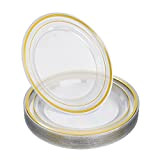 STACKABLES ~ Lot de 20 assiettes rondes transparentes en plastique dur ~ 19,1 cm avec bord doré doublé ~ Assiette ...