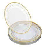 STACKABLES Lot de 20 assiettes rondes transparentes en plastique rigide de 26,6 cm avec bord doré doublé - Assiettes réutilisables ...