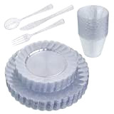 STACKABLES Service de table 150 pièces en plastique argenté ~ Ensemble de dîner réutilisable à paillettes ~ Assiettes, couverts et ...