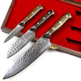 Stallion Couteau d'étalon Damas Ironwood Set of 3 - Couteau de chef, petit couteau Santoku et couteau de bureau en ...