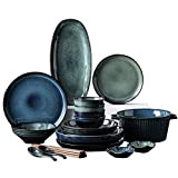 Stoneware Dinnerware Dish Set Retro Round Reactive Glaze Bowl Stoneware Dinnerware Set Service for 8 (46 Pcs) Dinner Salad Plates ...