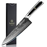 Sunnecko Couteau Cuisine Japonais en Acier Damas 67 Couches, Couteaux de Cuisine Professionnelle Lame de 20 cm Manche Ergonomique avec ...
