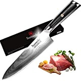 Sunnecko Couteau Cuisine Lame 20cm, Couteau Japonais en Acier Damas 73 Couches, Couteau de Cuisine Professionnel de Chef avec Poignée ...