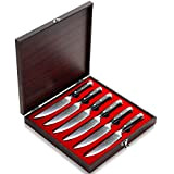 Sunnecko Couverts à Steak Damas Coffret de Couteaux à Steak en Acier Damas 6 Pièces 13cm Couteau Damas Japonais VG10 ...