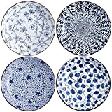 Swuut Lot de 4 bols à pâtes en céramique, bleu et blanc, 20,3 cm, assiettes plates à motif floral, pour ...
