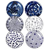 Swuut Lot de 6 bols à salade en céramique Motif floral Bleu et blanc 17,3 cm