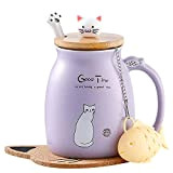 Tasse de chat Mignonne Tasse à café en céramique avec couvercle chaton 3D Cuillère en acier inoxydable, Nouveauté Coupe du ...
