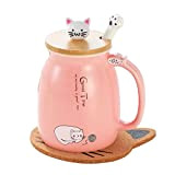 Tasse de chat,Tasse à café en céramique mignonne avec Lovely Kitty couvercle en Cuillère en acier inoxydable, Nouveauté Coupe du ...