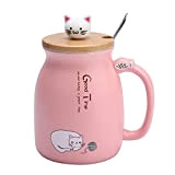 Tasse en céramique, tasse en céramique de chat mignon de 420 ml avec une cuillère et un couvercle en bois, ...