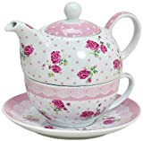Tea for one Service à thé en porcelaine avec théière et soucoupe Motif roses et fleurs Rose