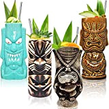 Tiki Lot de 4 grands verres en céramique pour cocktails - Motif tropical hawaïen - Pour bar