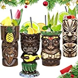 Tiki Mugs Lot de 4 mugs en céramique Hawaïen pour cocktails, gobelets tropicaux de qualité supérieure pour fête exotique