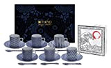 TOKYO design studio Nippon Blue Espresso Set Bleu-Blanc, 18 pièces, 6X Tasses à Expresso avec soucoupes et cuillères, Porcelaine Asiatique, ...