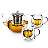 Une théière en verre au et des tasses de thé en verre à Double paroi avec un tamis en acier ...