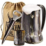 Viking Culture Corne à boire, verre à shot et décapsuleur (3 pièces), ensemble authentique - 473 ml Chope de bière, ...