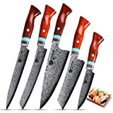 WILDMOK Ensemble de 5 couteaux de cuisine en acier damas avec manche en palissandre de qualité supérieure