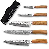 Wusaki Damas VG10 Mallette de 5 couteaux de cuisine, acier japonais VG10, lames damassées, manches en bois d'olivier