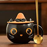 XLSM 2021 New Black Cat Cup with Witch Cap,Cute Kitty Unique Ceramic Coffee Mug, Black Cat Cup W/Witch Cap Lid&Spoon
