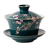 YBK Tech Gaiwan Grande tasse à thé et soucoupe en porcelaine Kung Fu avec couvercle, motif prune chinois traditionnel Gaiwan, ...