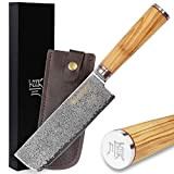 YOUSUNLONG Couteau Nakiri 16,6cm Usuba - acier damas manche japonais - en bois d'olivier italien avec étui en cuir