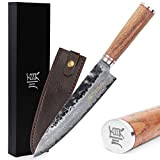 YOUSUNLONG Couteaux de chef 20,3cm Gyuto - japonais martelé en acier Damas - manche en bois noyer naturel avec étui ...