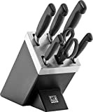 ZWILLING Bloc de Couteaux SharpBlock (7 pièces) avec Affûteur Intégré, Bloc Noir en Bois de Frêne, Couteaux/Ciseaux, Acier Inoxydable, Manche ...